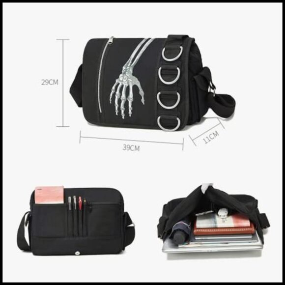 Gothic Canvas Backpack Y2K Grunge Messenger Bag Skull Print Hooded Shoulder